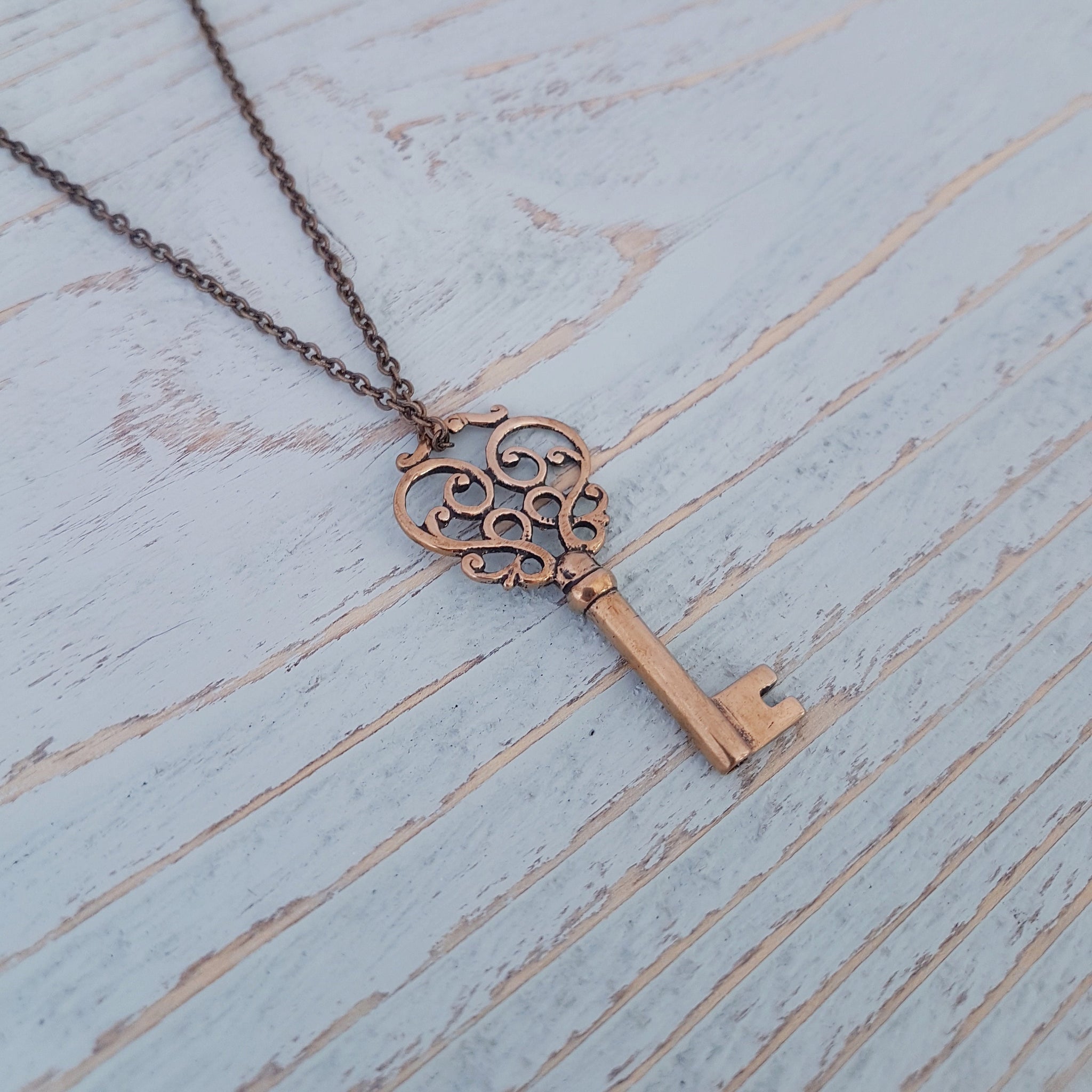 Fancy Key Necklace, Gold Key Necklace, Fancy Skeleton Key Necklace, Ornate Charm, Vintage Key Necklace, Bronze Pendant, Scrolled Pendant