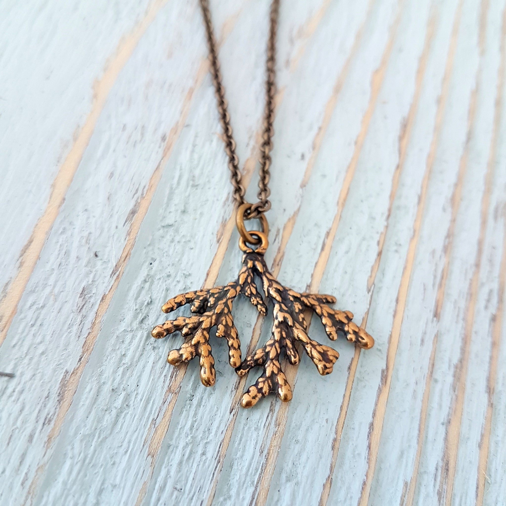 Cedar Branch Necklace in Gold Botanical Nature Jewelry for Gardeners