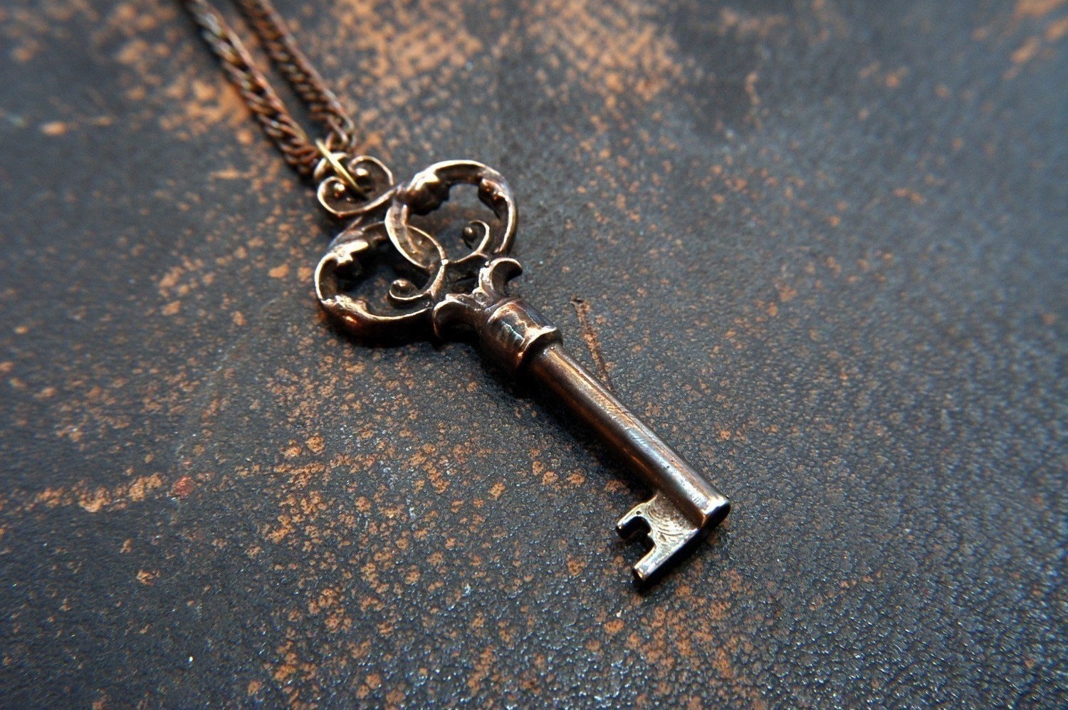 Skeleton Key Pendant Necklace - Ornate Design - Solid Bronze Victorian Reproduction - Multiple Chain Lengths Available