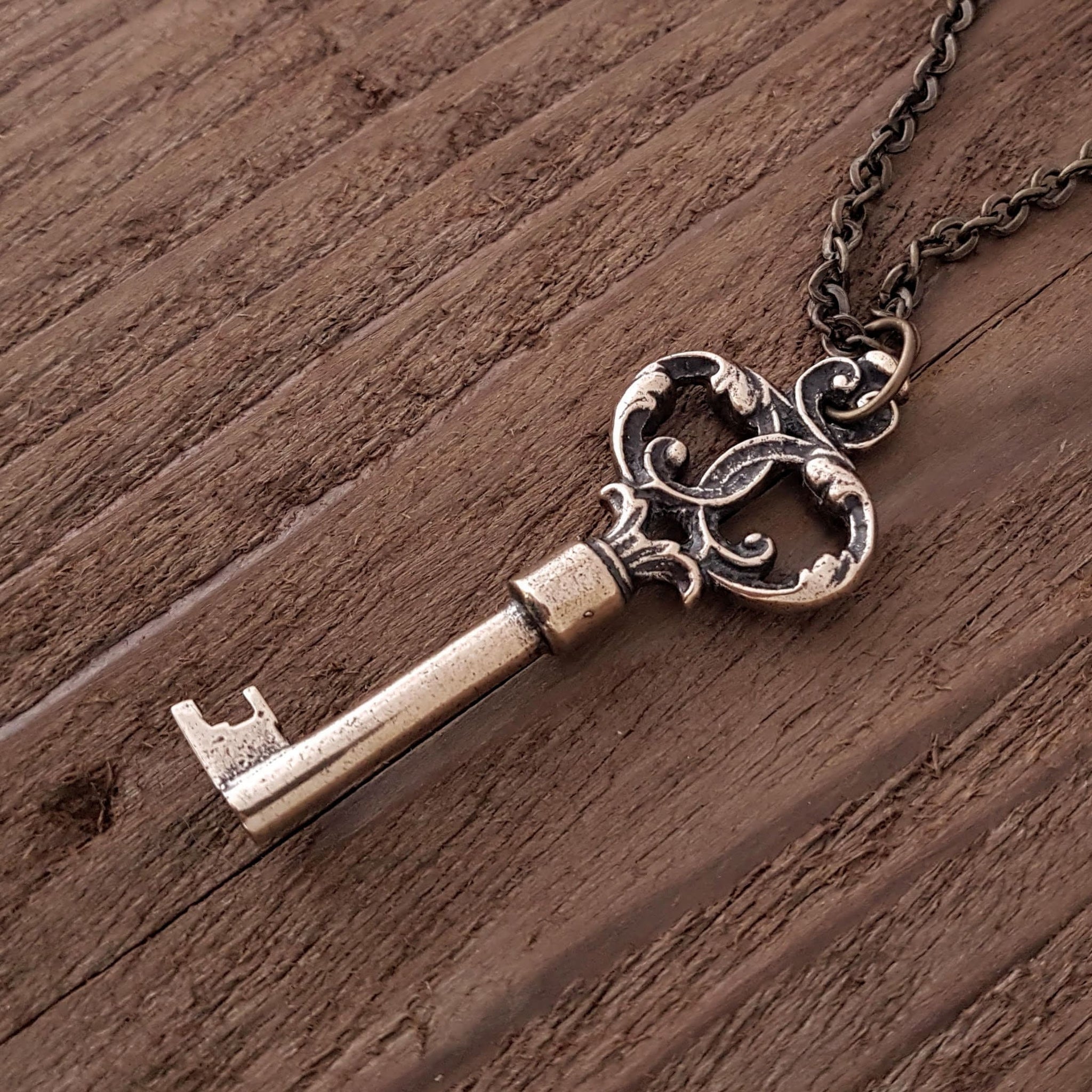 Victorian Antique Bronze Skeleton Key Pendant Necklace - Solid Cast with Multiple Chain Lengths