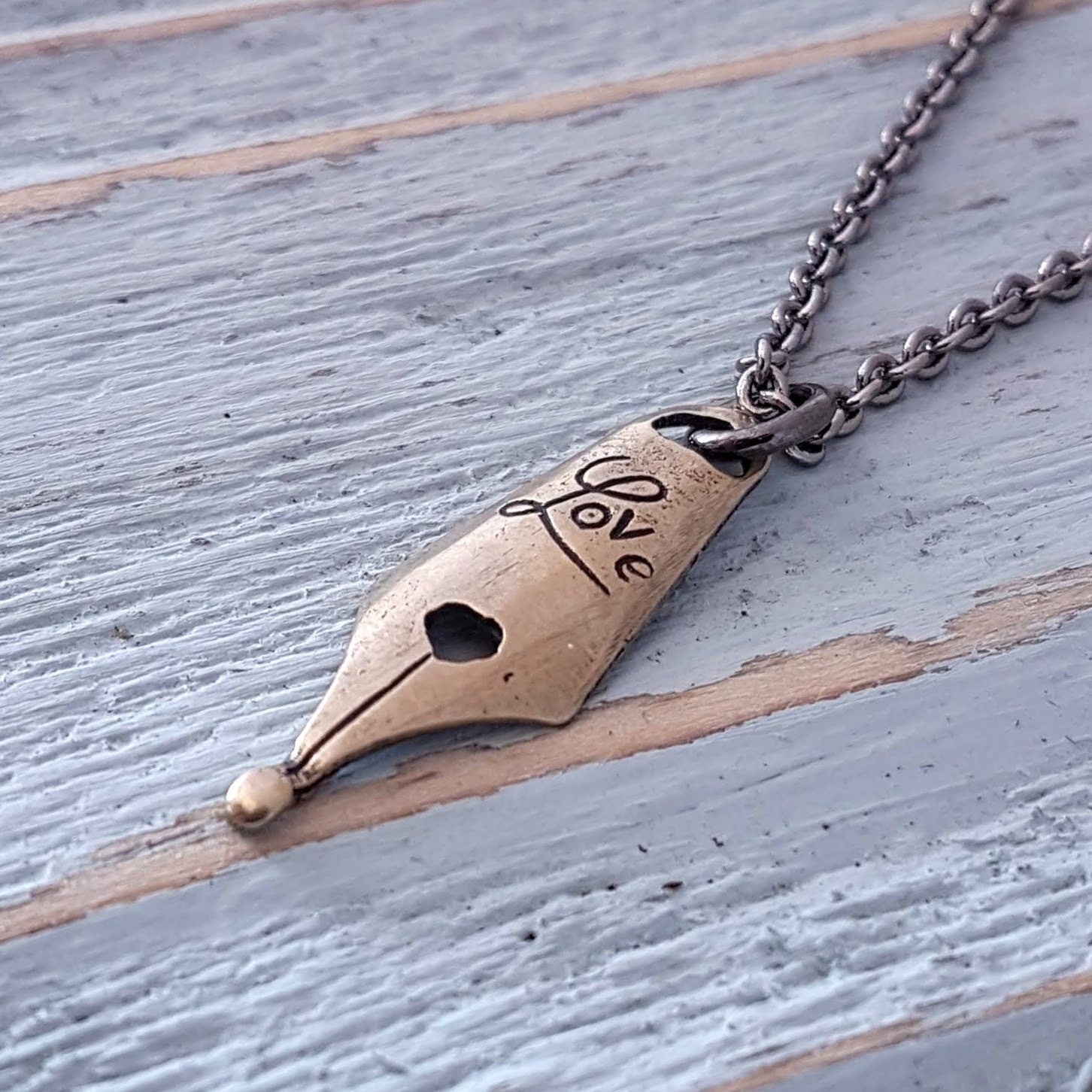 Writers Necklace, Silver Gift for Writer, Silver Love Pen Nib Necklace, Love Letter Jewelry, Gift for Girlfriend Love Jewelry Valentine Gift
