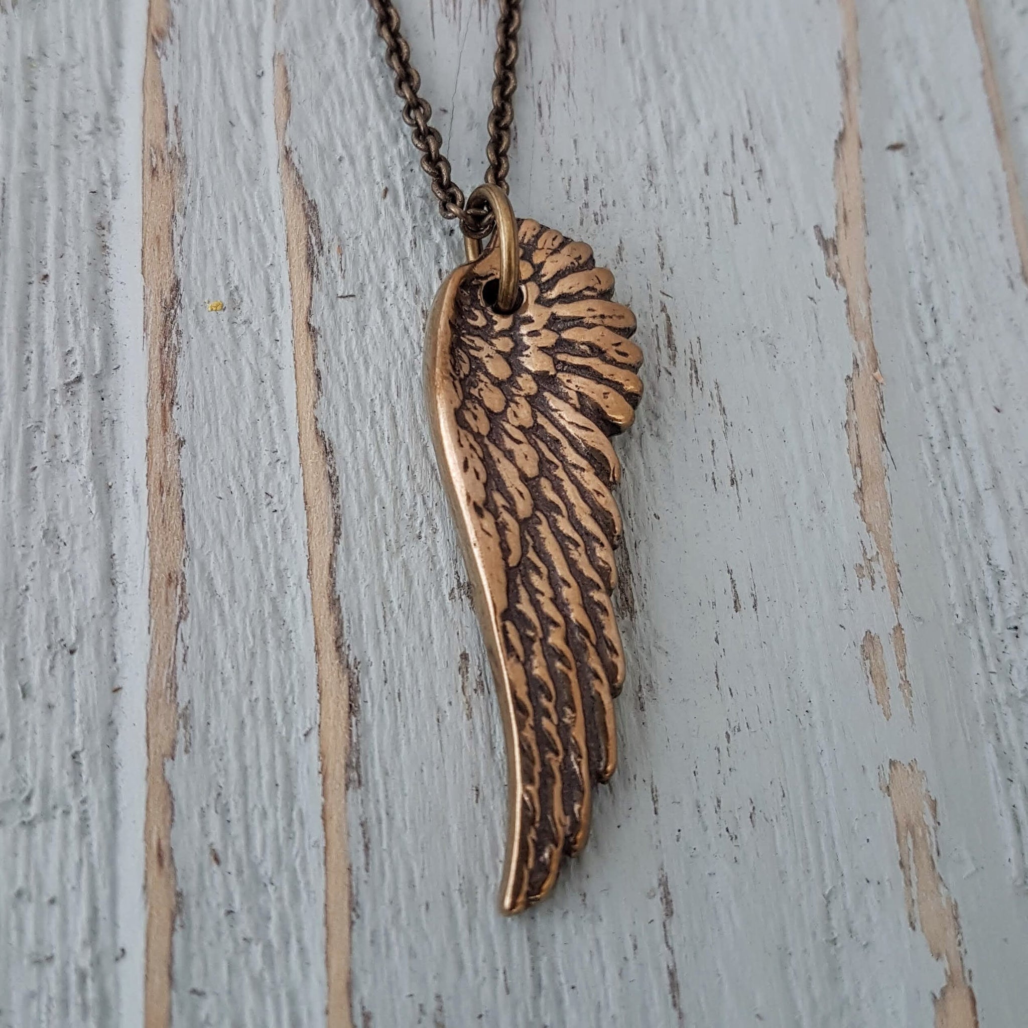 Gold Angel Wing Necklace - Memorial Sympathy Gift with Bronze Feather Charm
