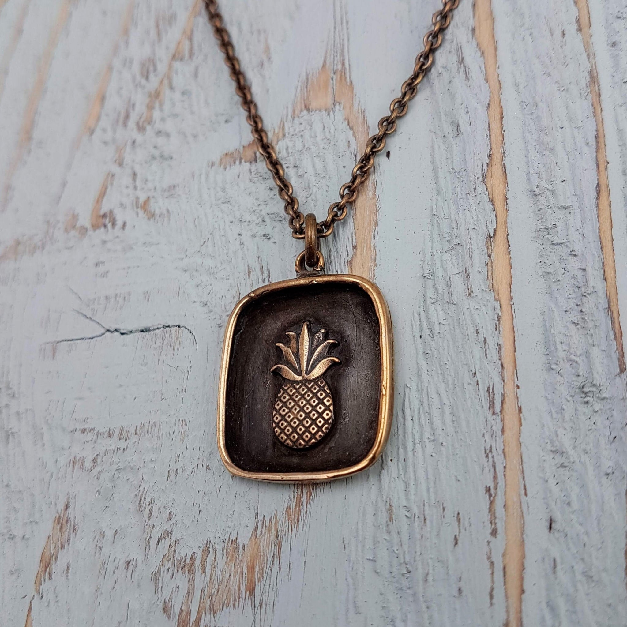 Pineapple Charm Pendant Necklace in Solid Hand-Cast Bronze with Polished Oxidized Finish - Custom Engraving Available