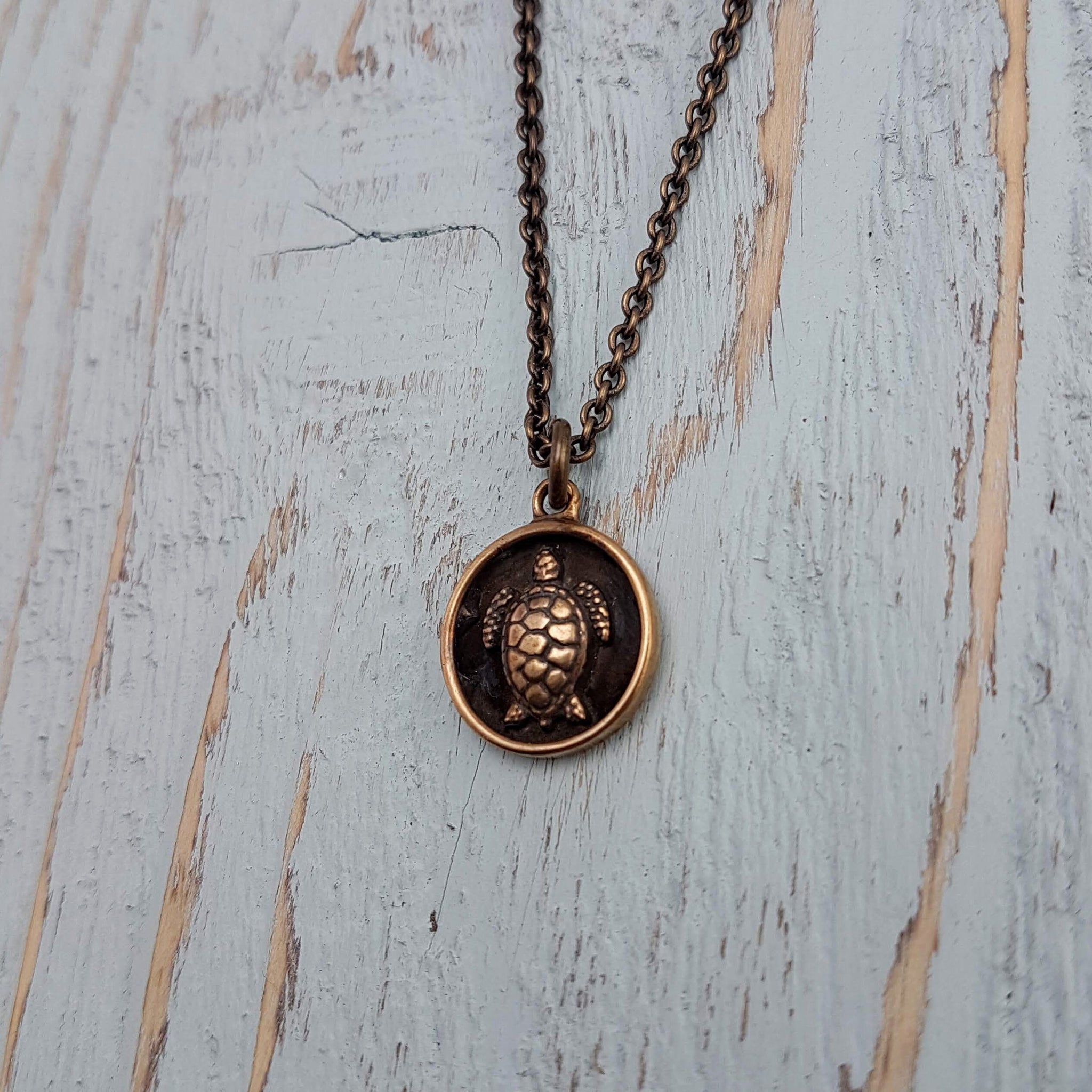 Turtle Charm Pendant Necklace - Solid Hand Cast Jewelers Bronze - Polished Oxidized Finish - Personalized Gift Engraving Available