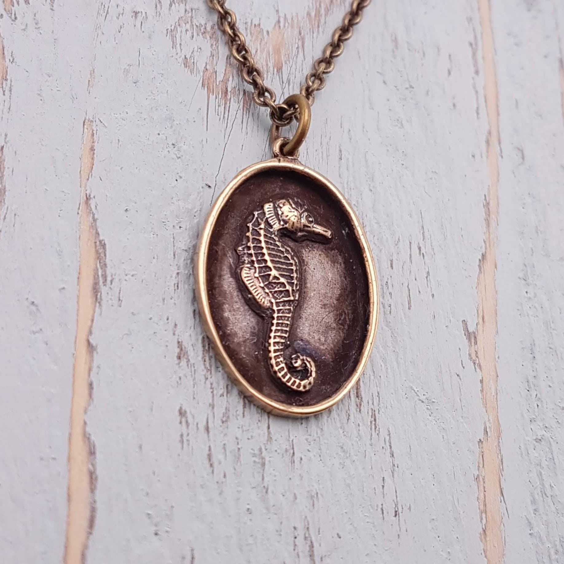 Seahorse Charm Pendant Necklace - Solid Bronze with Oxidized Finish - Personalized Gift Engraving Available