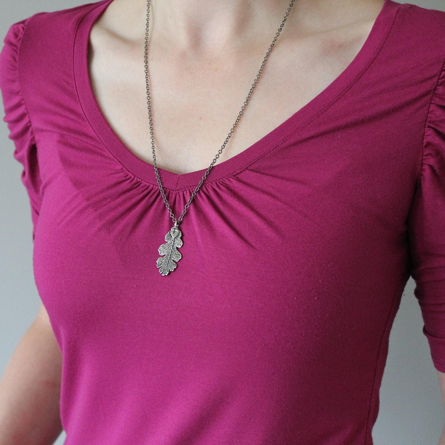 Oak Leaf Necklace - Silver Bronze Forest Pendant Unisex Gift