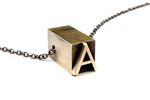 Brass Letterpress Initial Necklace - Solid Brass Letterpress Pendant Necklace - Personalized - All Letters Available - Upper and Lower Case