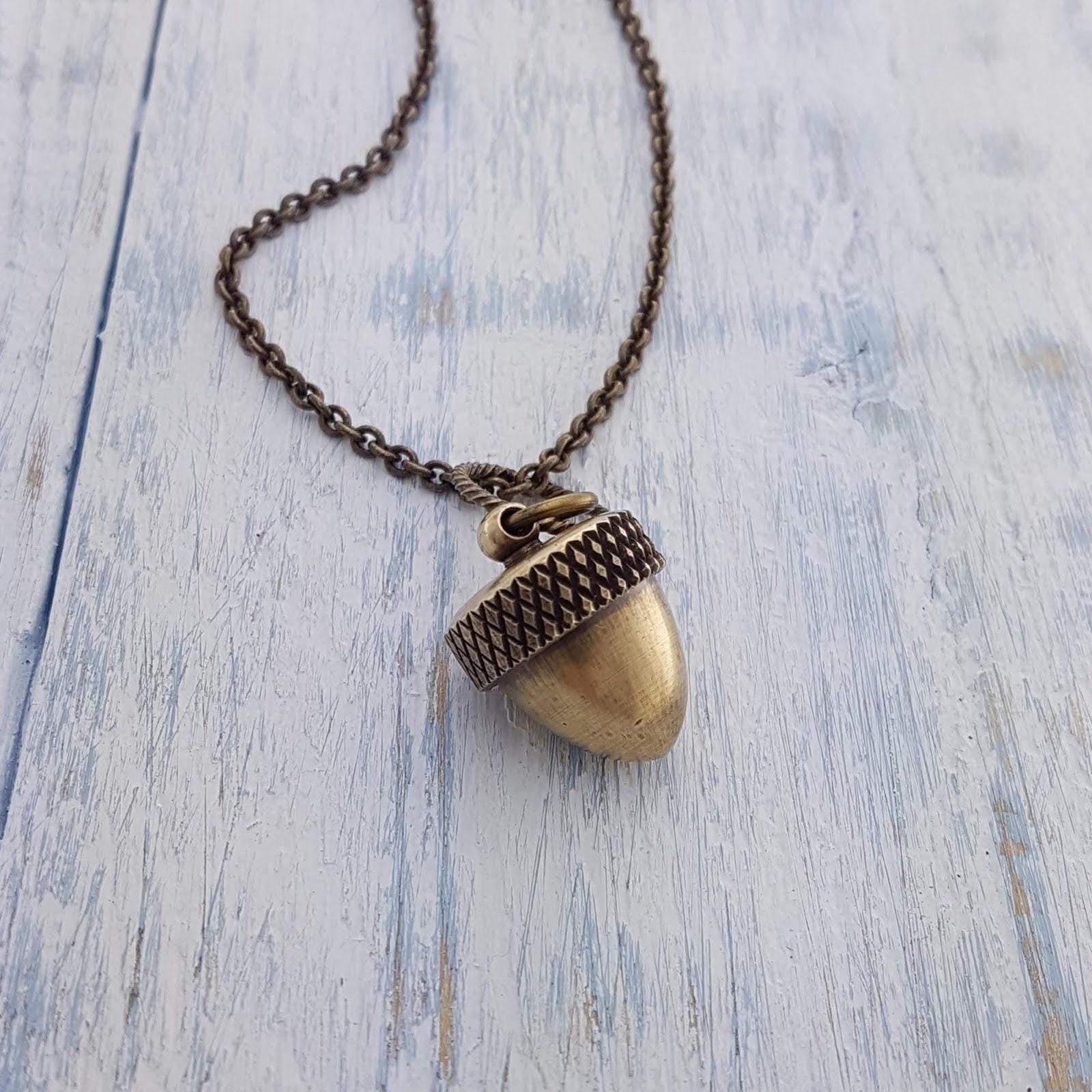 Acorn Capsule Pendant Necklace - Solid Antique Brass with Secret Compartment - Adjustable Chain Lengths