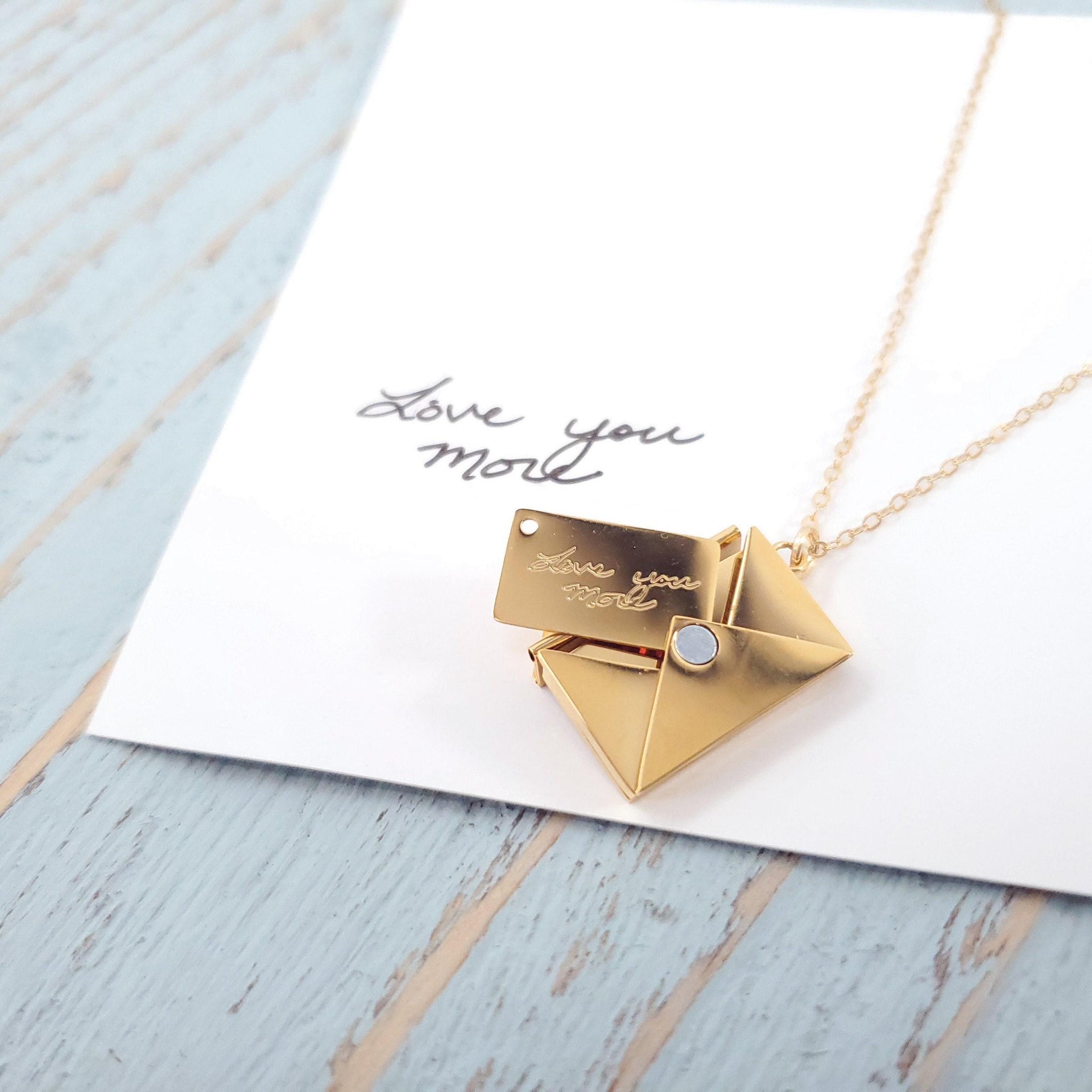 Gold Love Letter Locket Necklace with Custom Handwriting or Symbol Inside Envelope Pendant