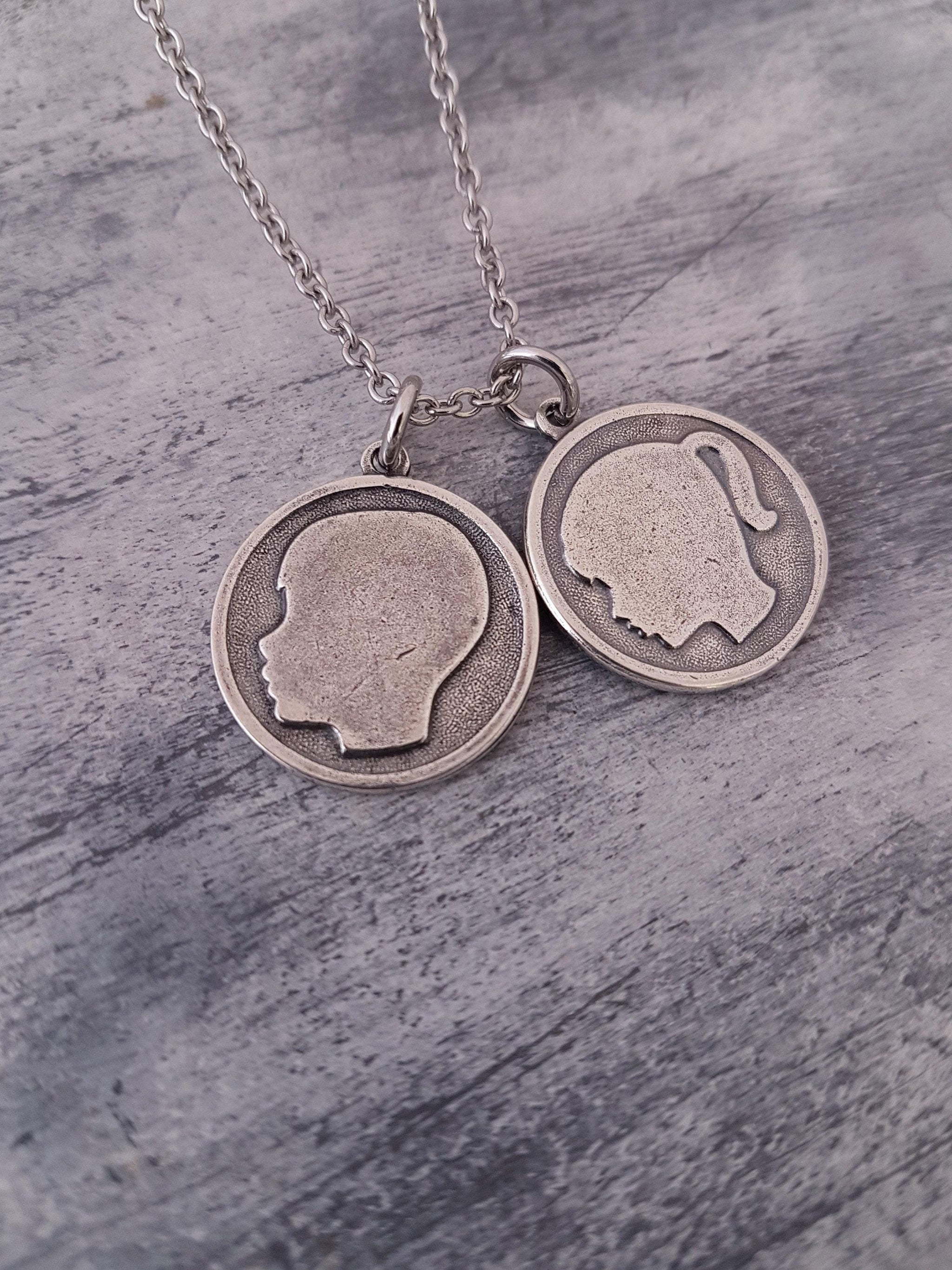 Custom Engraved 925 Sterling Silver Girl and Boy Silhouette Charms Necklace with Matching Chain