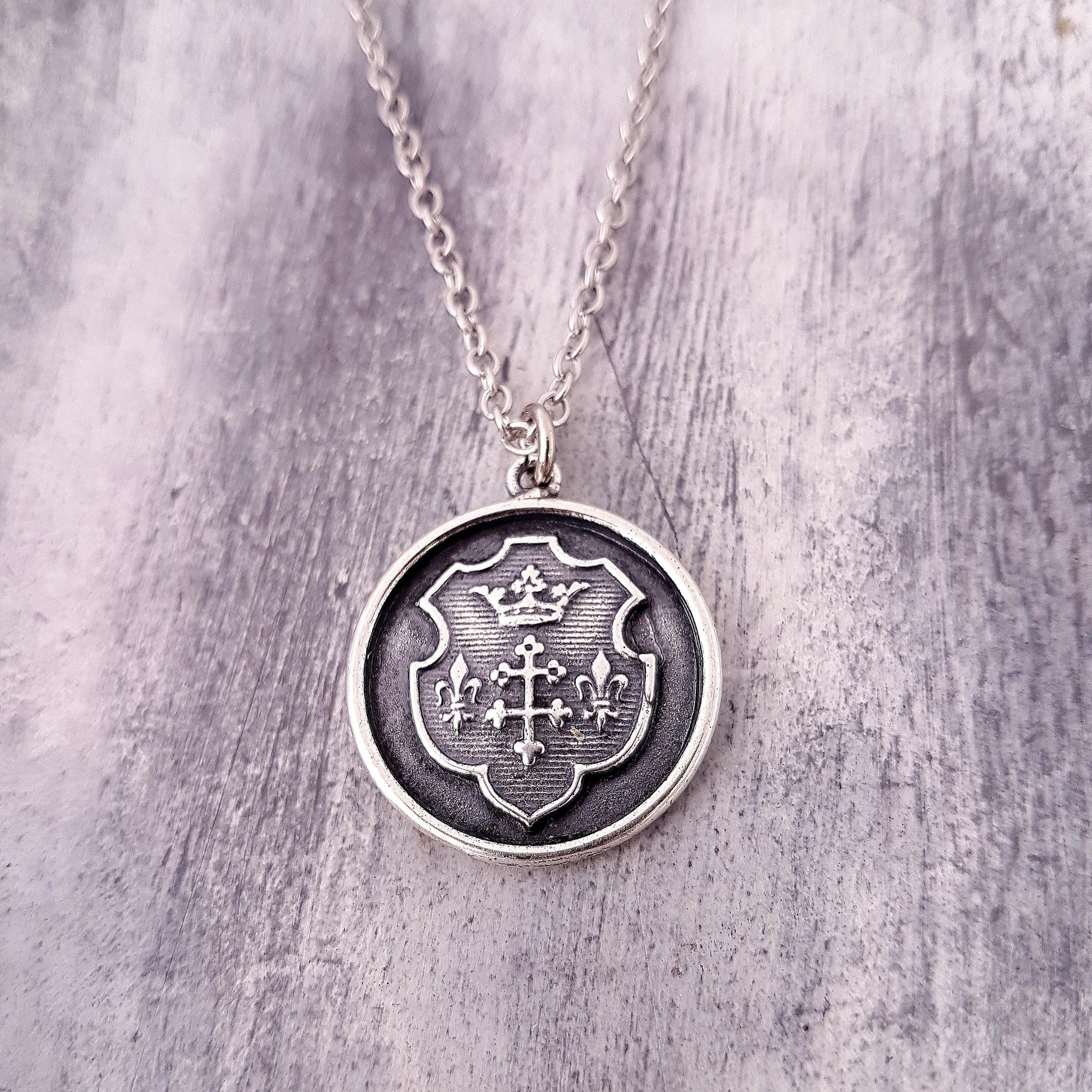 Custom Engraved Silver Shield Necklace with Fleur de Lis and Crown - Personalized Royal Coat of Arms Crest