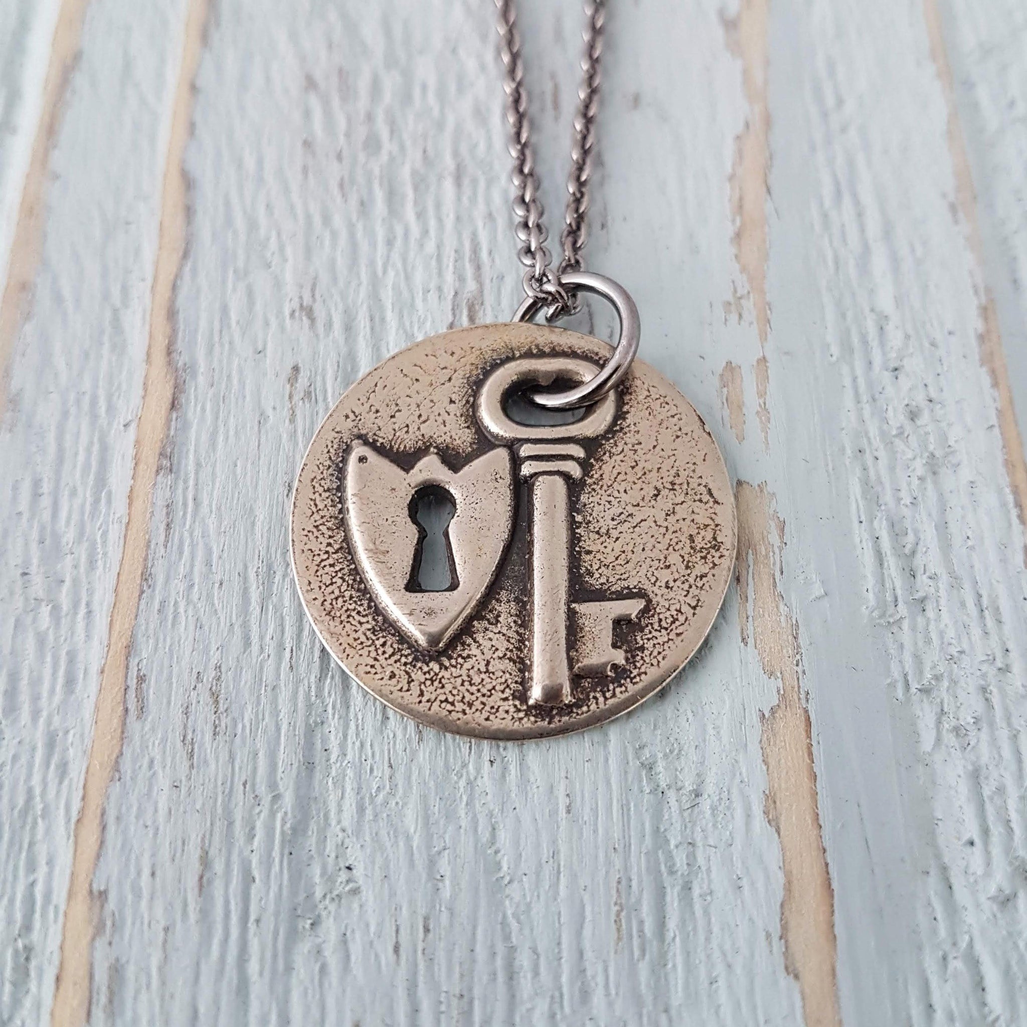 Lock Key Disc Silver Necklace, Custom Engraved Necklace, Personalized Pendant, Custom Personalized Wedding Gift, Anniversary Jewelry Gift