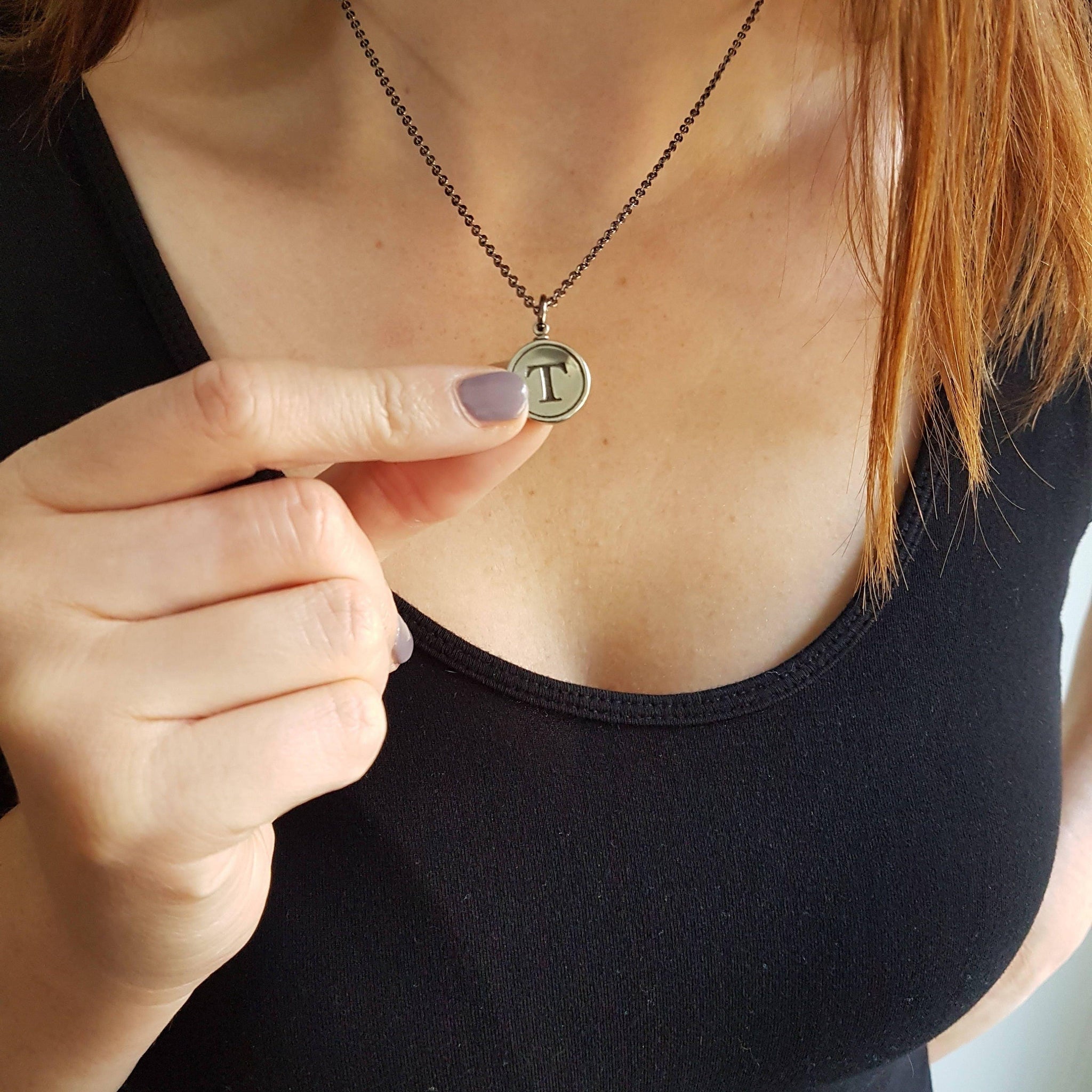 Personalized Silver Typewriter Key Initial Necklace - Handcrafted Charm Pendant All Letters Available