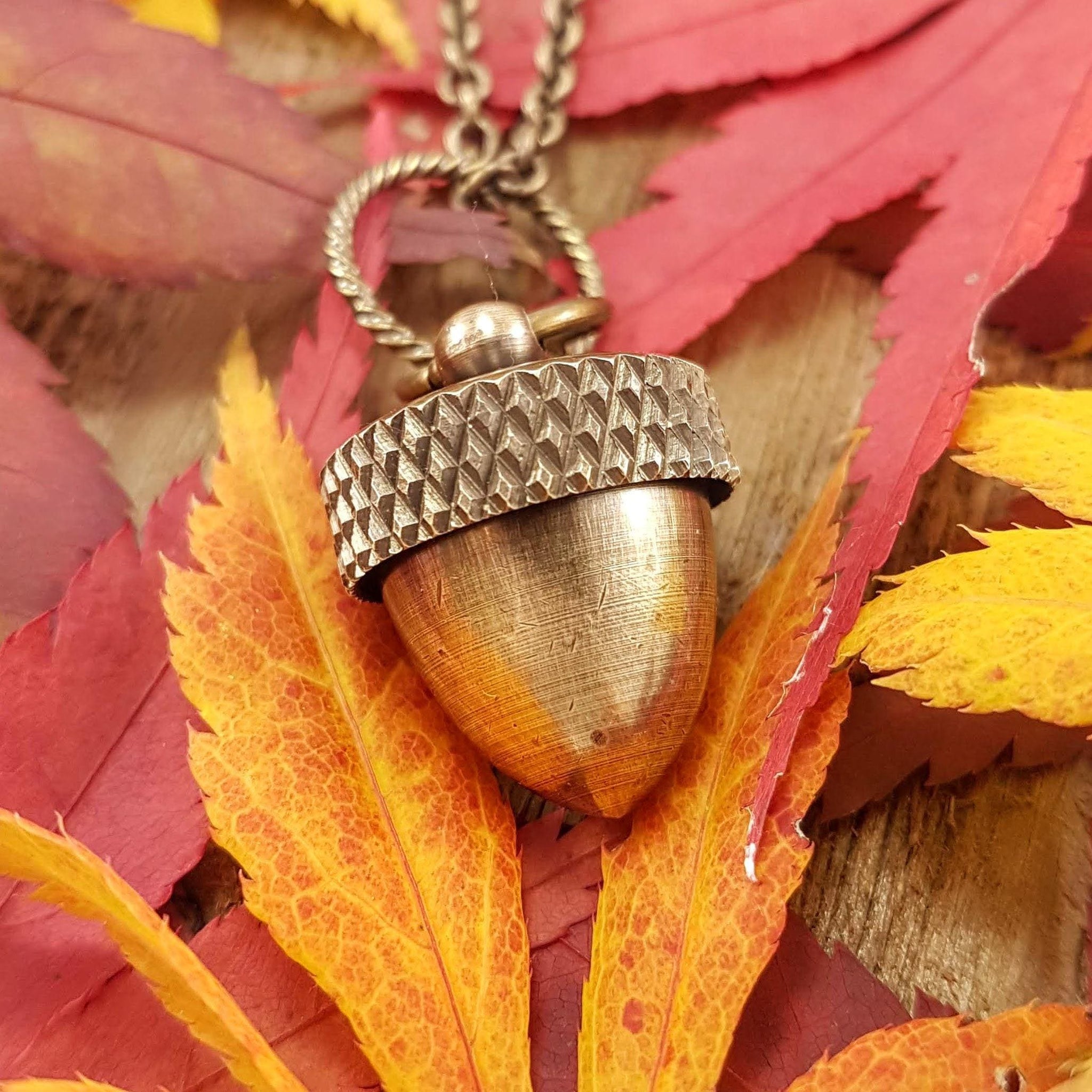 Acorn Canister Locket Cremation Ashes Stash Necklace - Solid Antique Brass - Multiple Chain Lengths Available