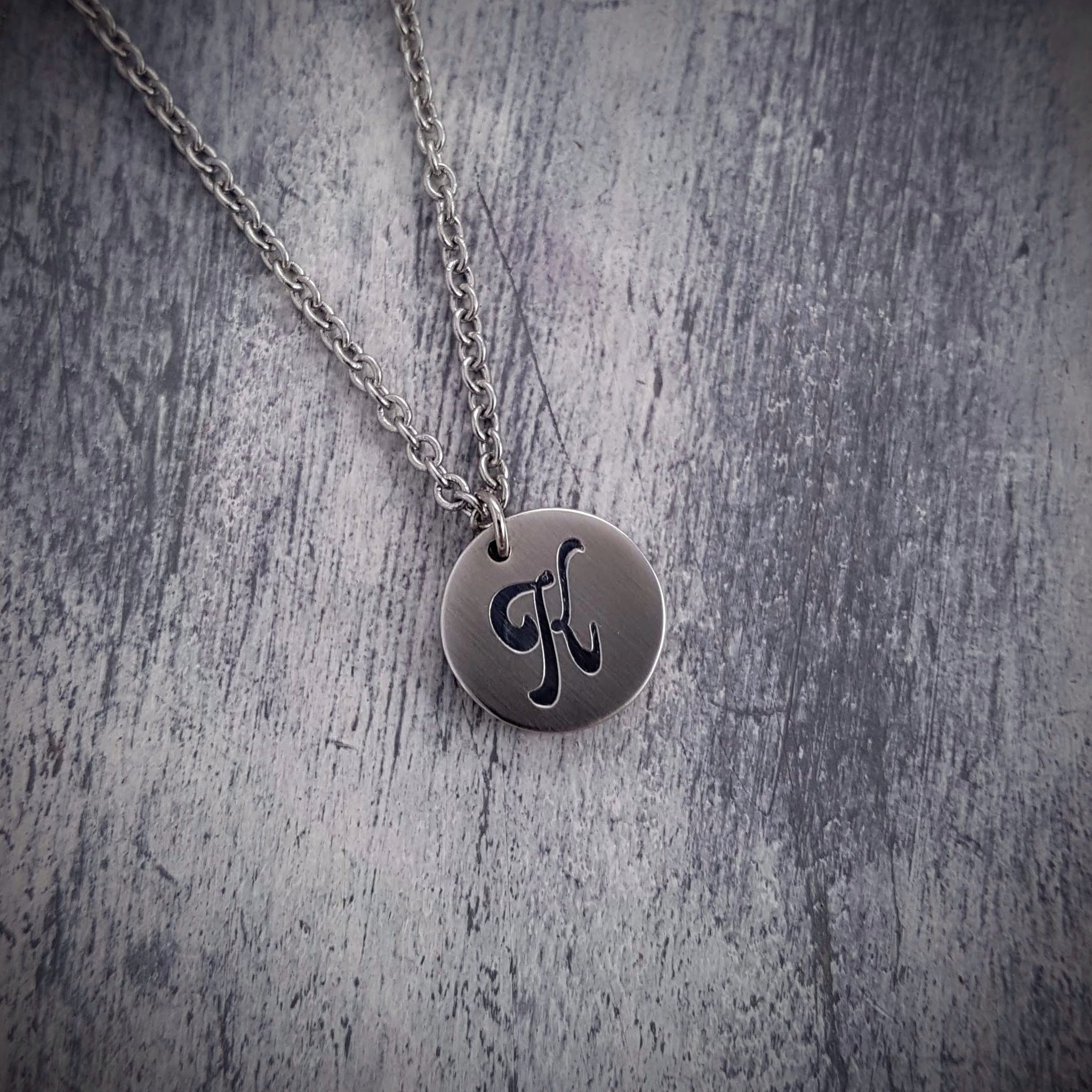 Engraved Initial Charm Necklace - Silver Monogram Pendant - Stainless Steel Personalized Symbol Necklace Silver Letter Necklace Gift for her - Gwen Delicious Jewelry Designs